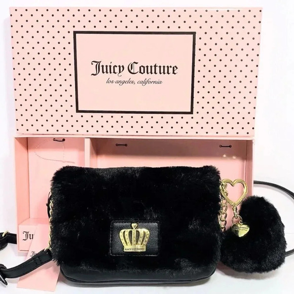 Juicy Couture Black Fur Bag & Heart Pom Pom Keychain Charm Gift Set - Picture 14 of 14